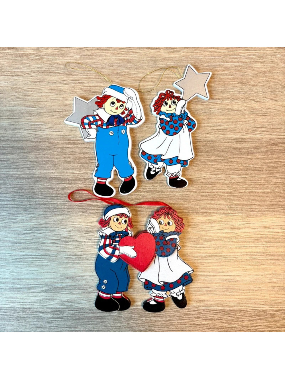 Vintage 1991 Kurt Adler Raggedy Ann & Andy Wooden Christmas Ornaments Set of 3